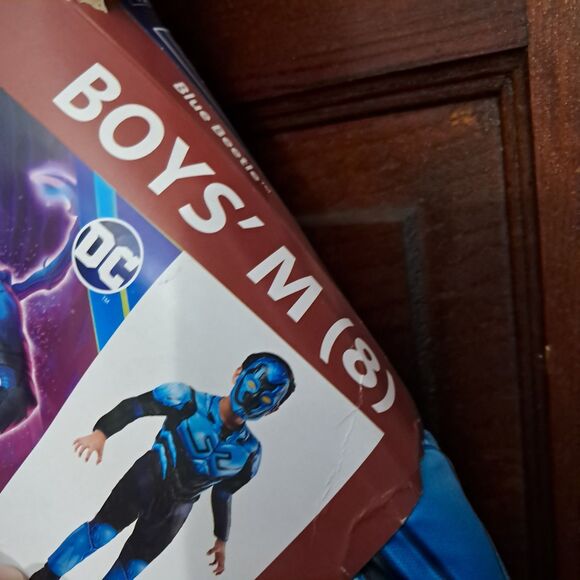 DC Blue Beetle Halloween Costume Medium 8 Kids Jumpsuit Mask Comic Book Hero - Picture 7 of 14